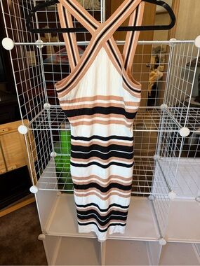 Say What? Striped Ribbed Midi Dress in White, Black & Tan